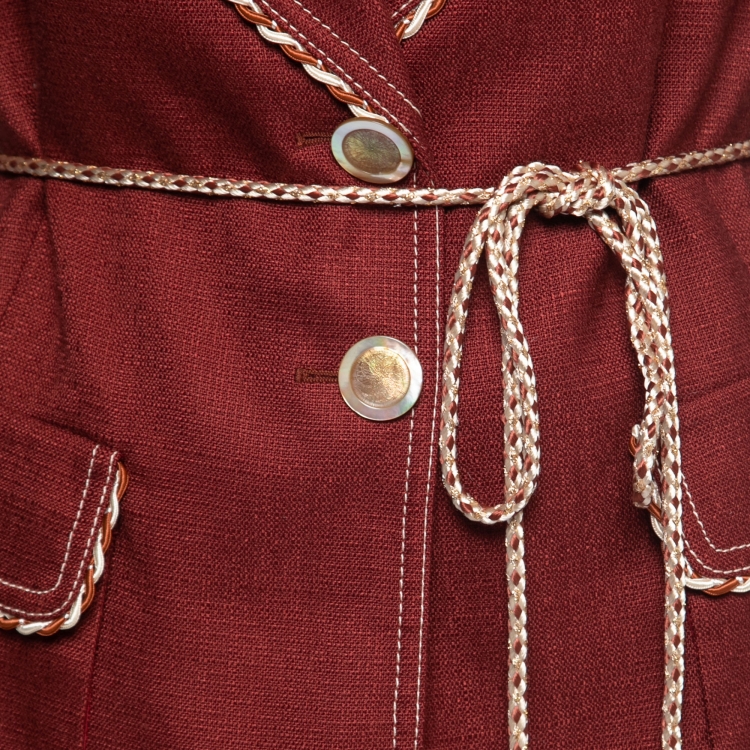 مملوكة مسبقًا Peter Pilotto Burgundy Canvas Trim Detail Rope-Tie Blazer L