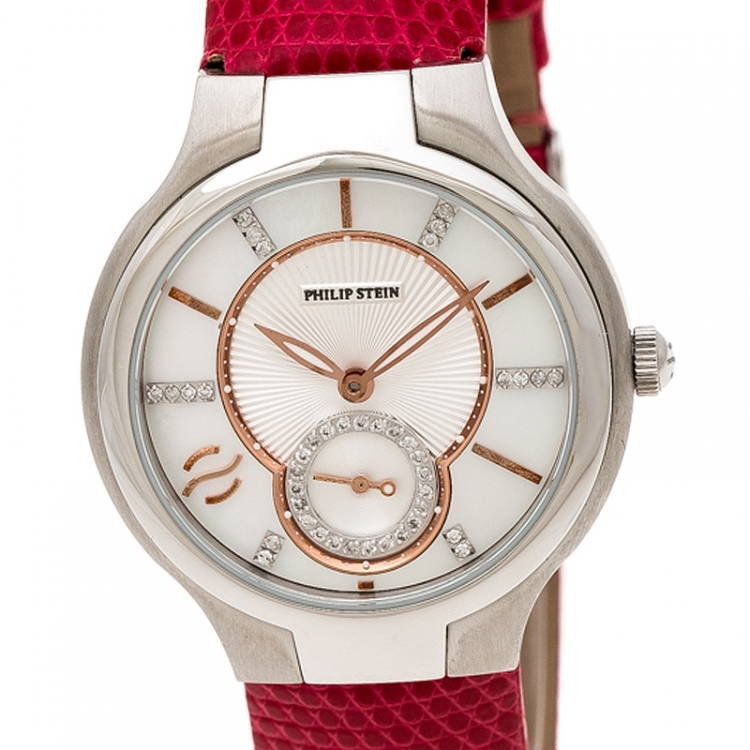Pre Owned Philip Stein Mother of Pearl Stainless Steel Teslar Women's Wristwatch 35 mm