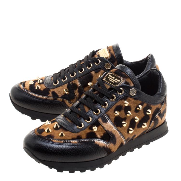 Pre Owned Philipp Plein Limited Edition Leopard Print Calf Hair and Leather Spike Embellished Sneakers Size 36