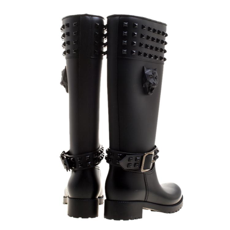 Pre Owned Philipp Plein Black Rubber Kingdom Studded Rain Boots Size 38