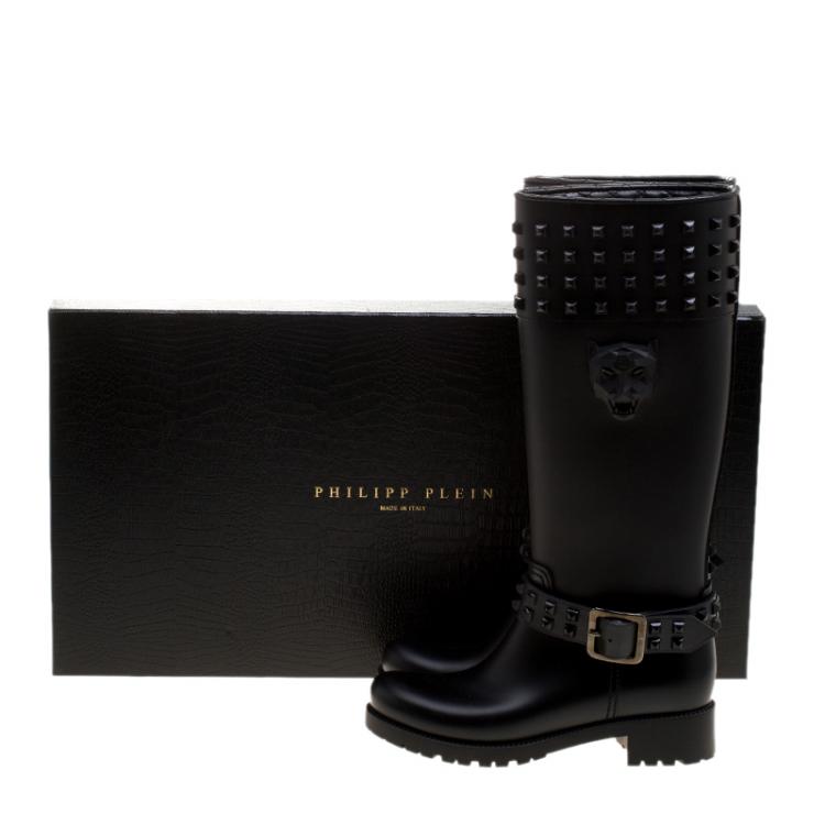 Pre Owned Philipp Plein Black Rubber Kingdom Studded Rain Boots Size 38
