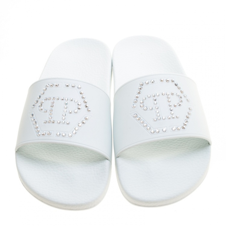 Pre Owned Philipp Plein White Croisette Gummy Pool Flat Slides Size 40