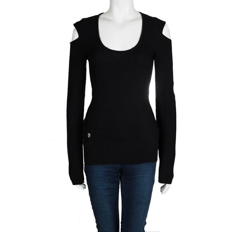 Pre Owned Philipp Plein Black Merino Wool Knit Cold Shoulder Detail Sweater M