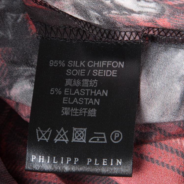 Pre Owned Philipp Plein Red Checked Silk British Horses Print Pleat Detail Blouse M