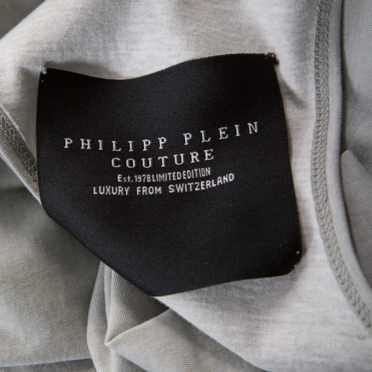 Pre Owned Philipp Plein Grey Cotton Crystal Skull Embellished Sleeveless Tank Top XS 