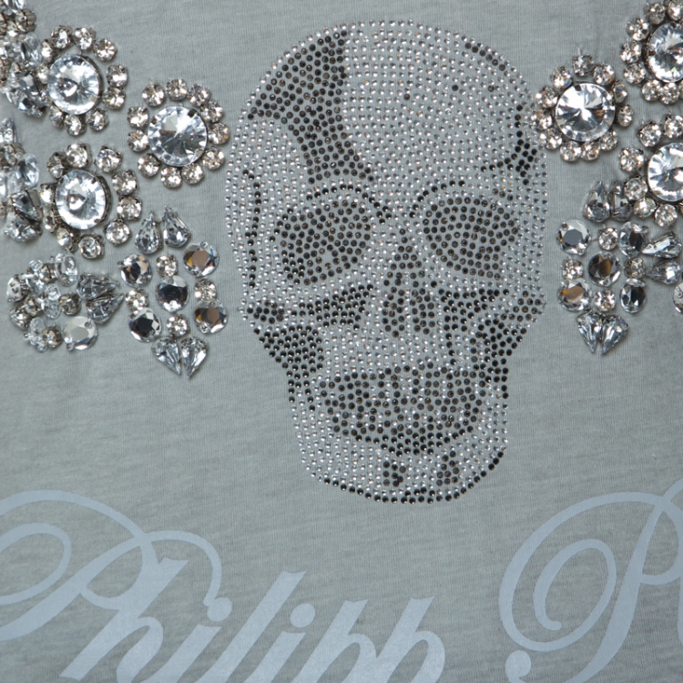 Pre Owned Philipp Plein Grey Cotton Crystal Skull Embellished Sleeveless Tank Top XS 