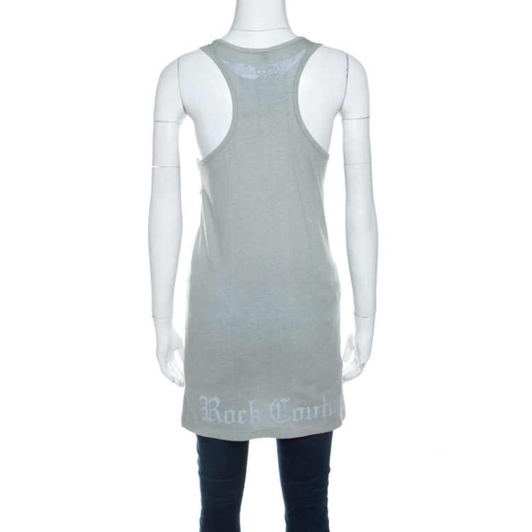 Pre Owned Philipp Plein Grey Cotton Crystal Skull Embellished Sleeveless Tank Top XS 