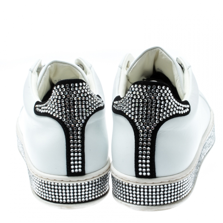 Pre Owned Philipp Plein White Leather Crystal Embellished Lace Up Sneakers Size 40