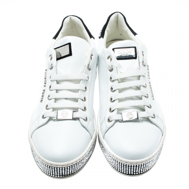 Pre Owned Philipp Plein White Leather Crystal Embellished Lace Up Sneakers Size 40