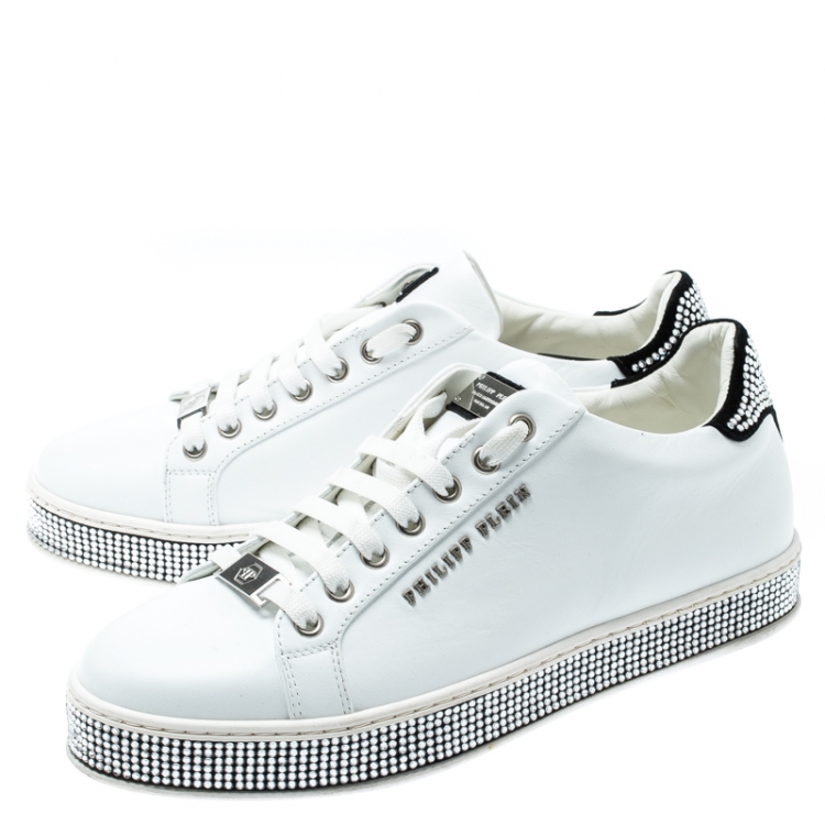 Pre Owned Philipp Plein White Leather Crystal Embellished Lace Up Sneakers Size 40