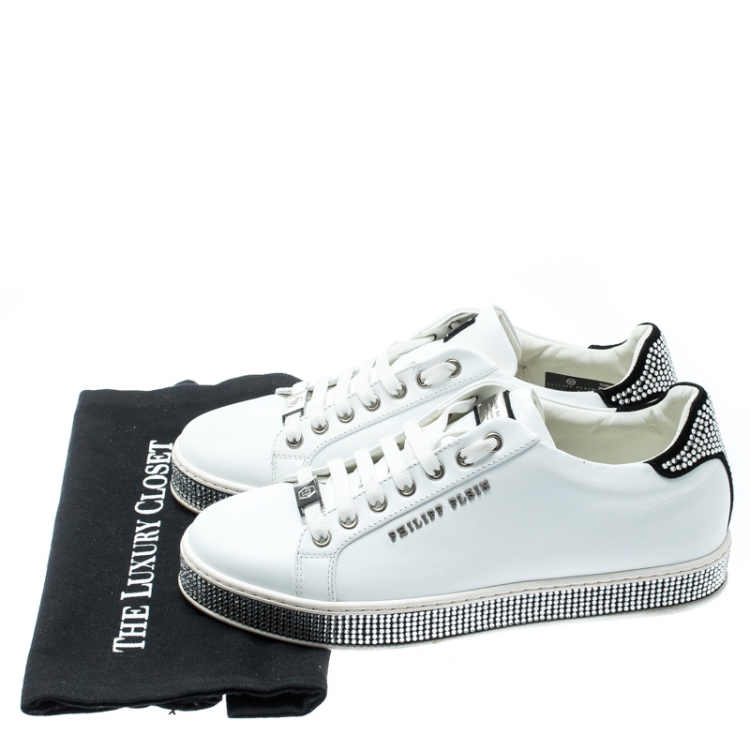 Pre Owned Philipp Plein White Leather Crystal Embellished Lace Up Sneakers Size 40