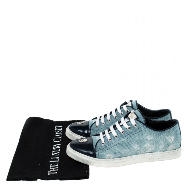 Pre Owned Philipp Plein Blue Denim Skull Cap Toe Lace Up Low Top Sneakers Size 37.5