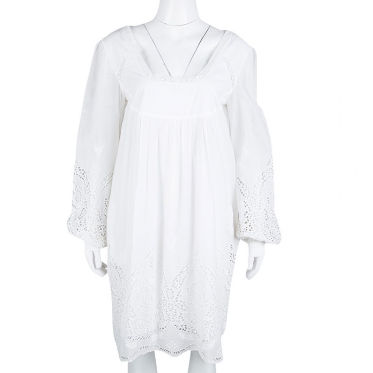 Pre Owned Philosophy di Alberta Ferretti White Eyelet Embroidered Cotton Long Sleeve Dress M