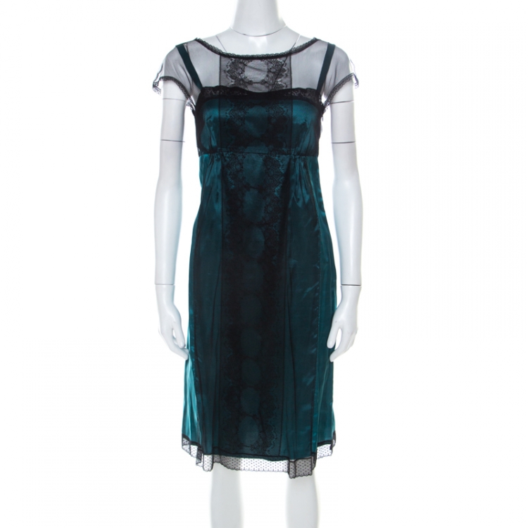 Pre Owned Philosophy di Alberta Ferretti Teal Blue Velvet Lace Short  Dress S