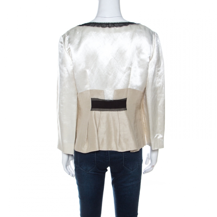 Pre Owned Philosophy di Alberta Ferretti White and Beige Silk and Linen Lace Trimmed Jacket L 
