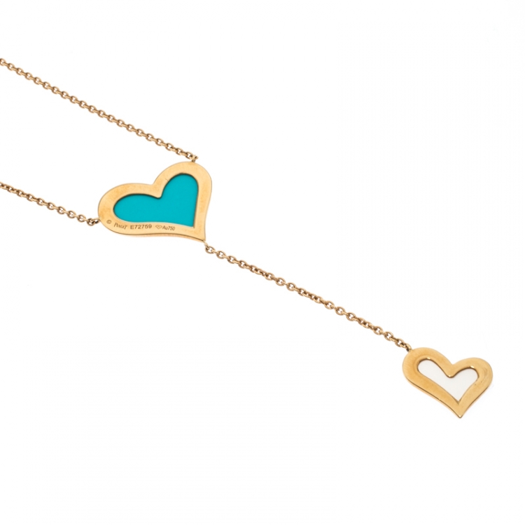 Pre Owned Piaget Turquoise Mother of Pearl Heart Inlay 18k Yellow Gold Y Necklace