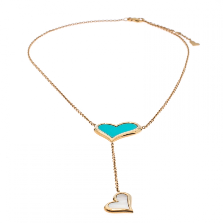 Pre Owned Piaget Turquoise Mother of Pearl Heart Inlay 18k Yellow Gold Y Necklace