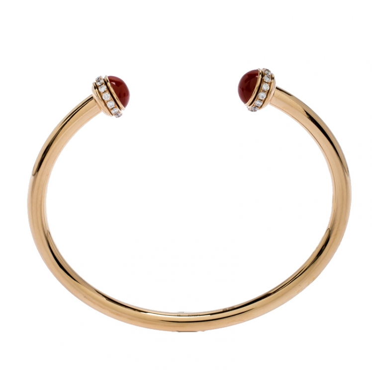Pre Owned Piaget Possession 18K Rose Gold Diamond Paved Carnelian Open Cuff Bracelet 16 cm