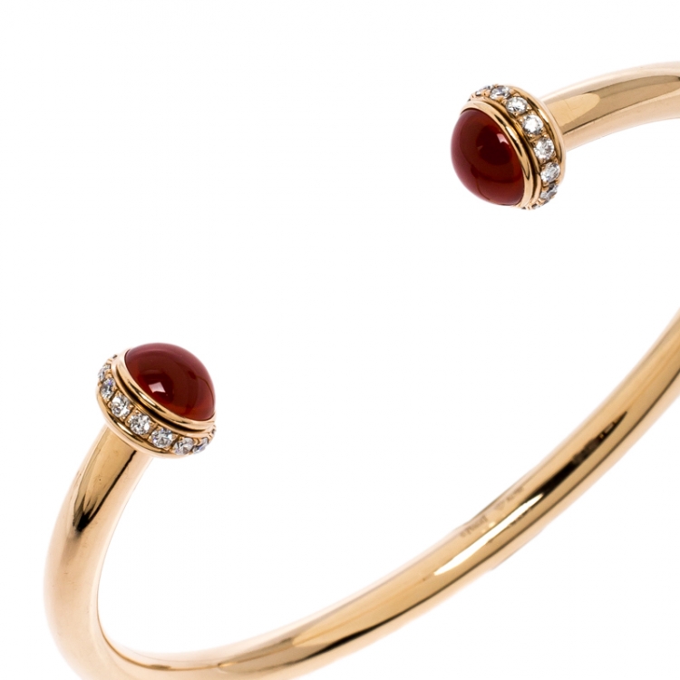 Pre Owned Piaget Possession 18K Rose Gold Diamond Paved Carnelian Open Cuff Bracelet 16 cm