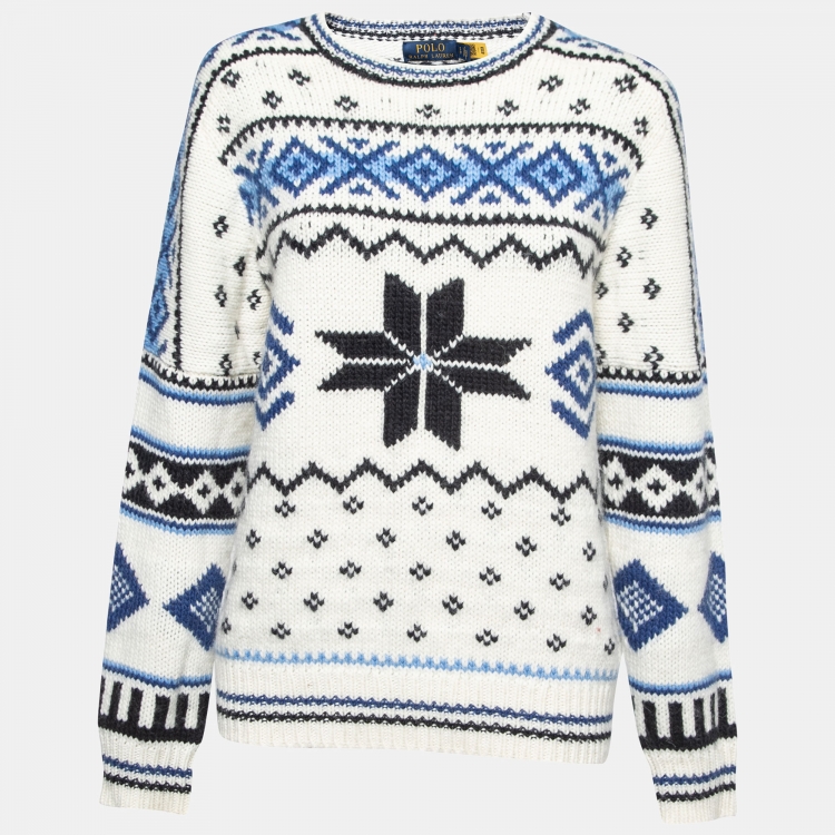 Pre Owned Polo Ralph Lauren White & Blue Patterned Wool Sweater S