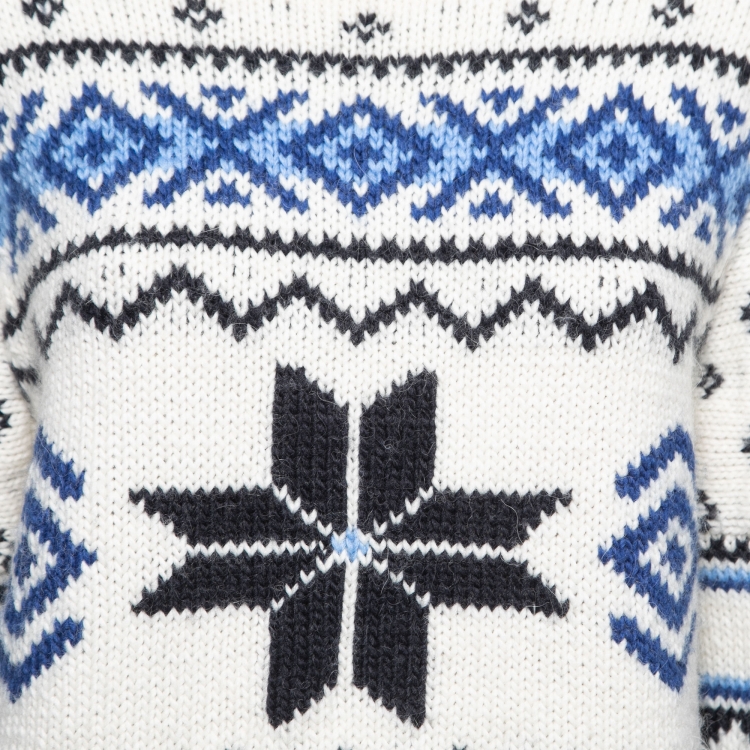 Pre Owned Polo Ralph Lauren White & Blue Patterned Wool Sweater S