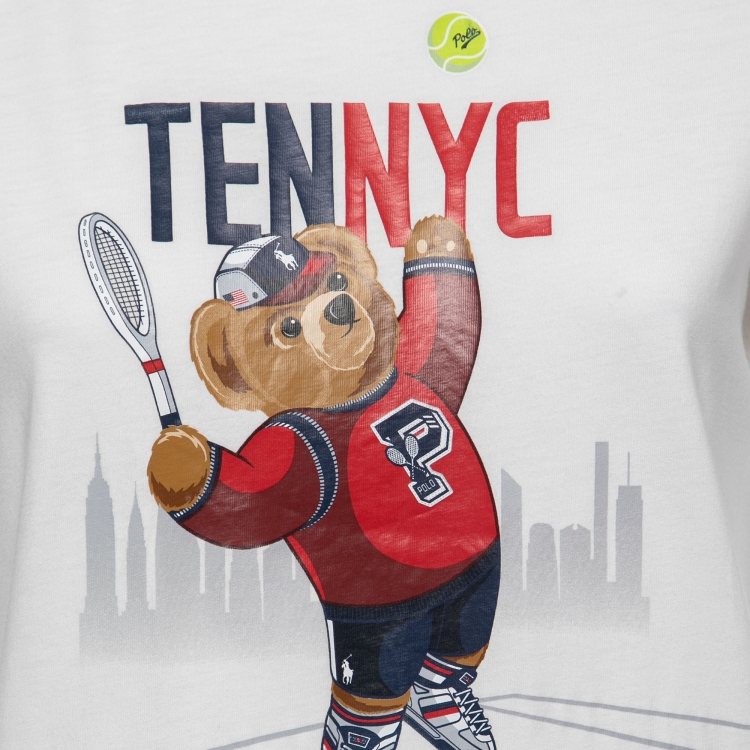 Pre Owned Polo Ralph Lauren White Cotton Polo Bear US Open Print T-Shirt M
