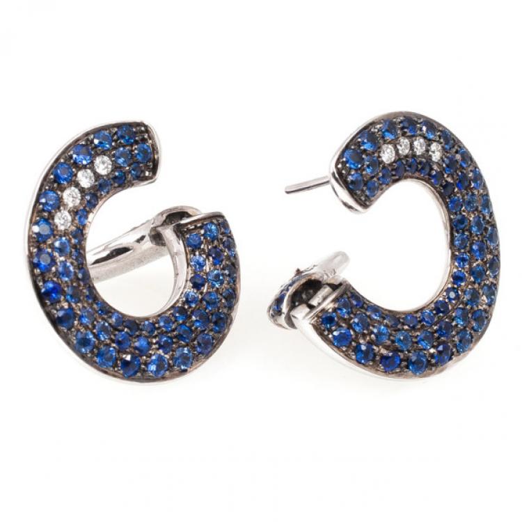 Pre Owned Pomellato 18 K White Gold Diamond Blue Sapphires Earrings 