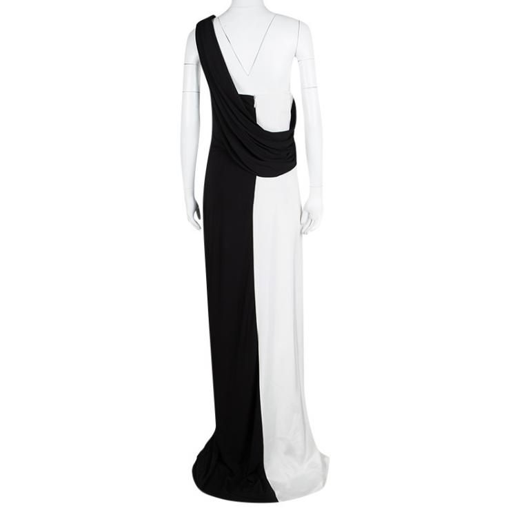 Pre Owned Prabal Gurung Monochrome Draped One Shoulder Gown L