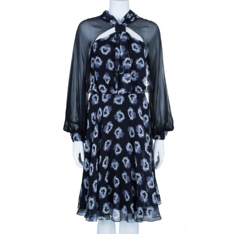 Pre Owned Prabal Gurung Long Sleeve Floral Print Silk Bow Dress M