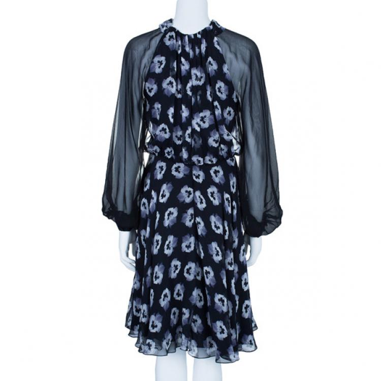 Pre Owned Prabal Gurung Long Sleeve Floral Print Silk Bow Dress M