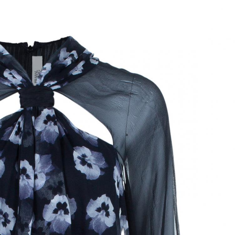 Pre Owned Prabal Gurung Long Sleeve Floral Print Silk Bow Dress M
