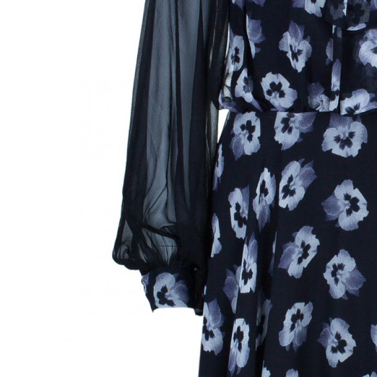 Pre Owned Prabal Gurung Long Sleeve Floral Print Silk Bow Dress M