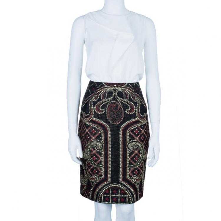 Pre Owned Prabal Gurung Metallic Detail Embroidery Pencil Skirt US 8