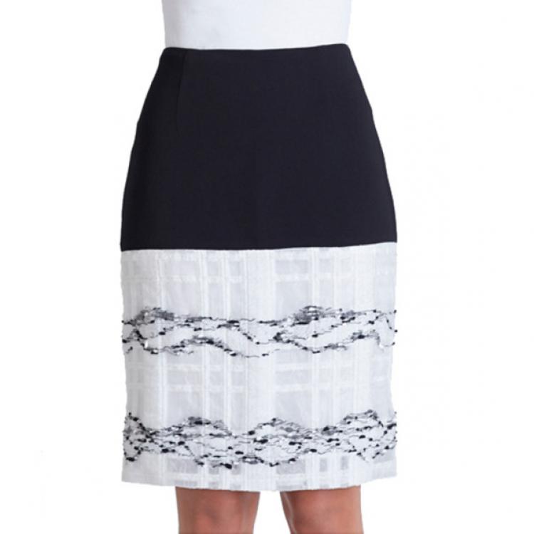 Pre Owned Prabal Gurung Black and White Wool-Crepe Organza-Trim Skirt M