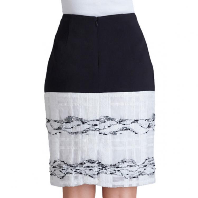 Pre Owned Prabal Gurung Black and White Wool-Crepe Organza-Trim Skirt M