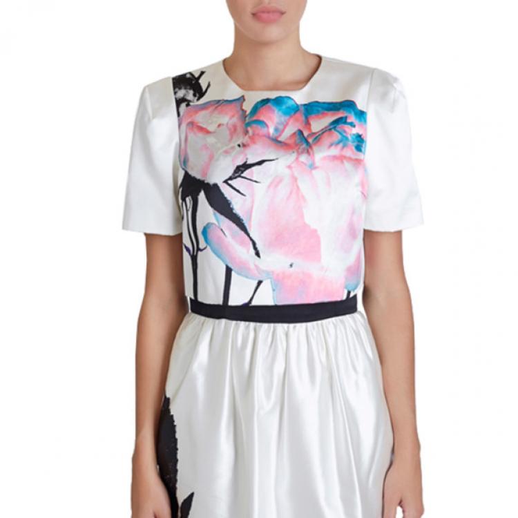 Pre Owned Prabal Gurung White Printed Cotton-Silk Cropped Top M