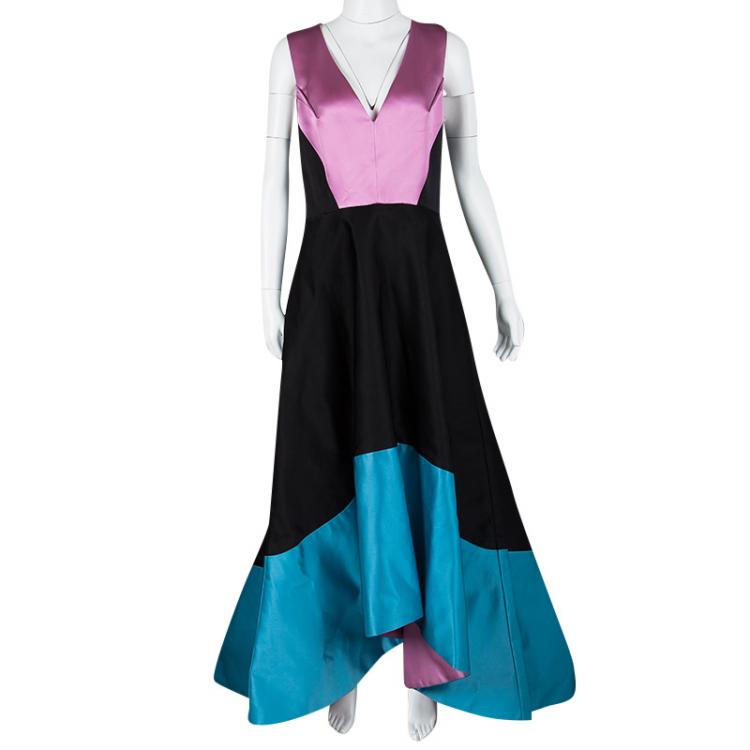 Pre Owned Prabal Gurung Colorblock Doubleface Satin High Low Sleeveless V-Neck Gown L
