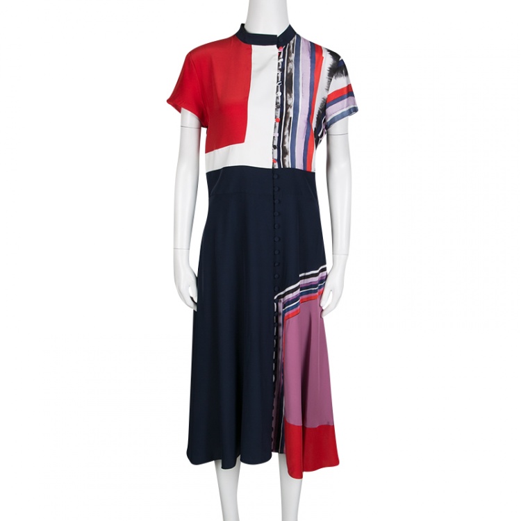 Pre Owned Prabal Gurung Colorblock Printed Silk Button Front Midi Dress M