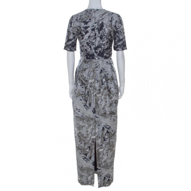 Pre Owned Prabal Gurung Metallic Silver & Navy Jacquard Short Sleeve Dress S