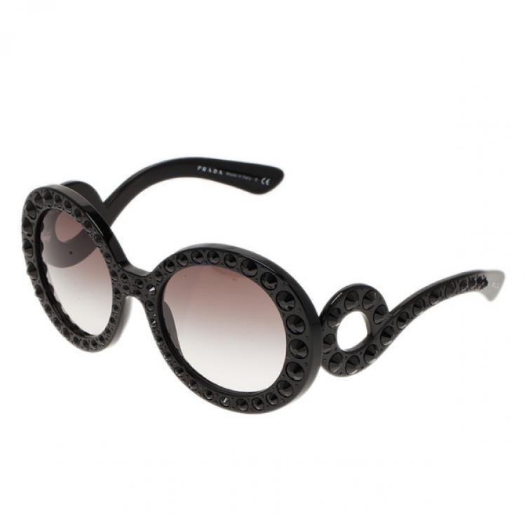 Pre Owned Prada Black Studded Oversized Round Baroque Sunglasses