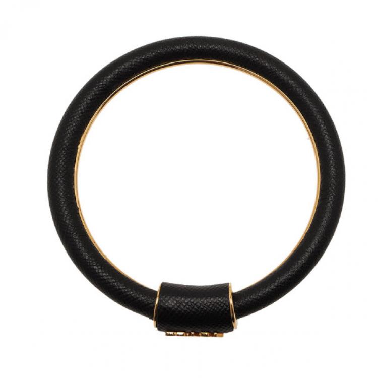 Pre Owned Prada Saffiano Black Leather Cuff Bracelet 18CM