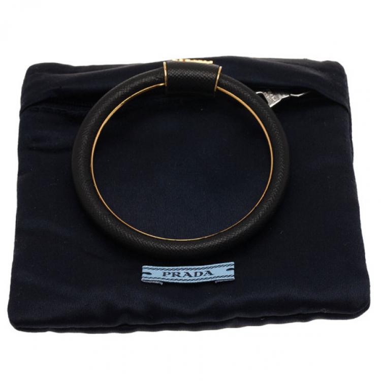 Pre Owned Prada Saffiano Black Leather Cuff Bracelet 18CM