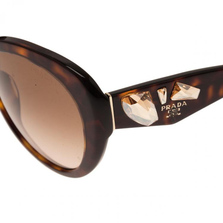 Pre Owned Prada Tortoise Frame Embellished Voice Cat Eye Sunglasses