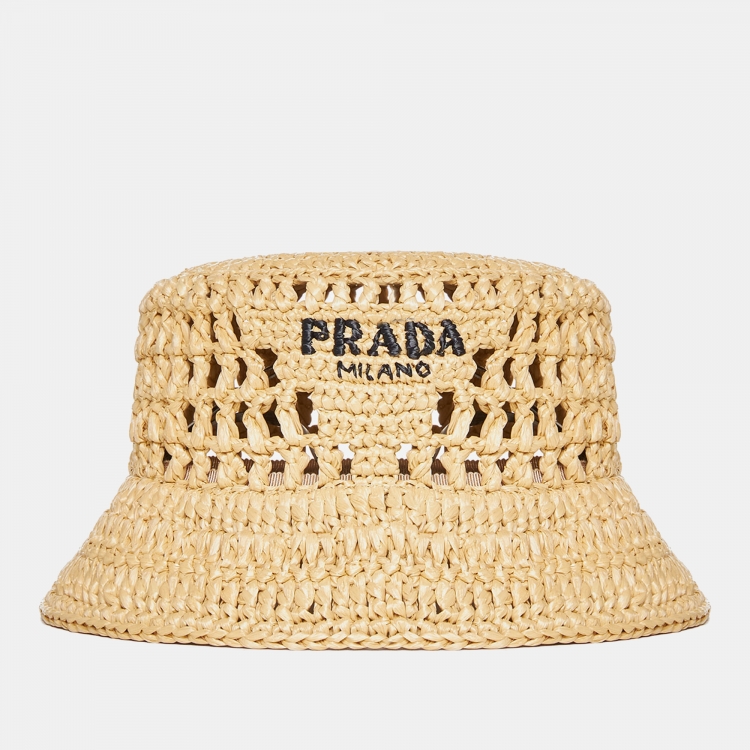 Pre Owned Prada Beige Logo Crochet Raffia Bucket Hat S