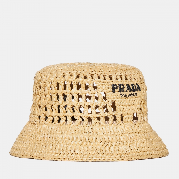 Pre Owned Prada Beige Logo Crochet Raffia Bucket Hat S