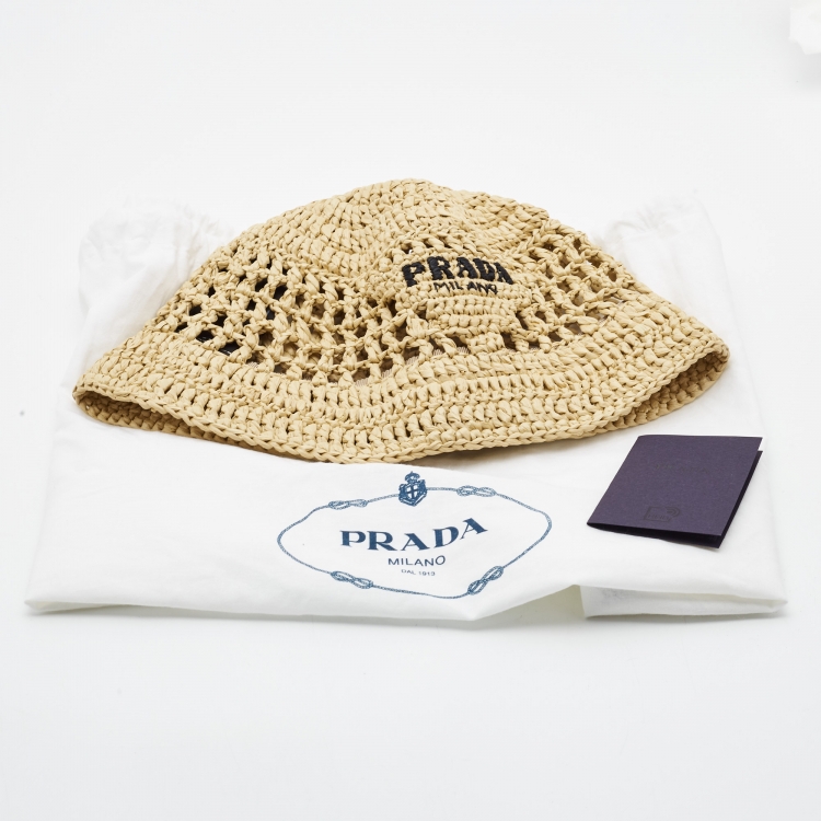 Pre Owned Prada Beige Logo Crochet Raffia Bucket Hat S