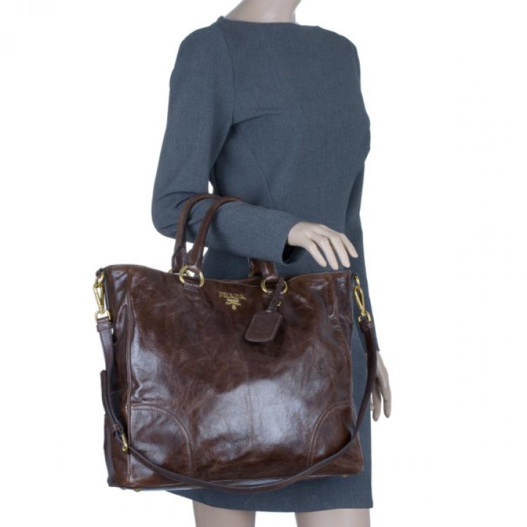 Pre Owned Prada Brown Vitello Shine Tote