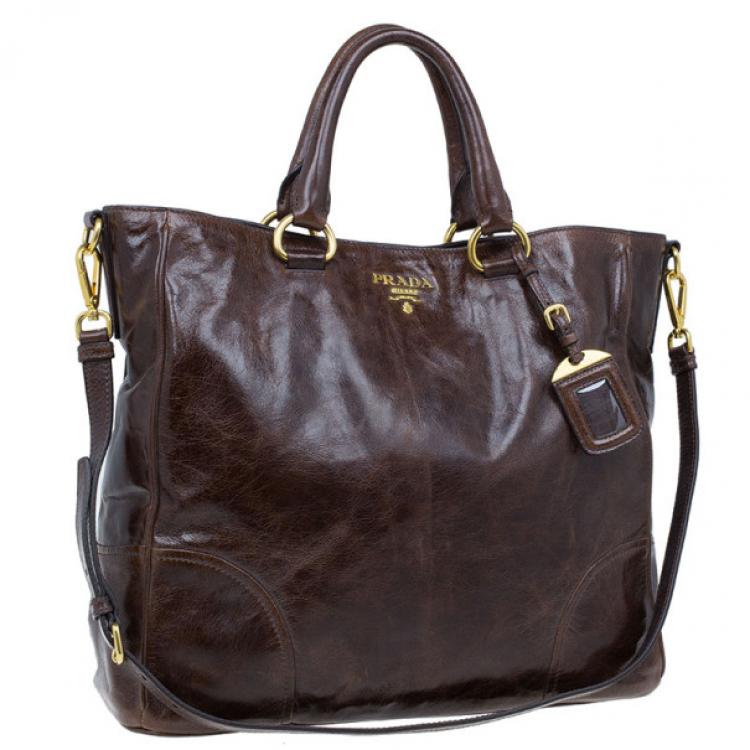 Pre Owned Prada Brown Vitello Shine Tote