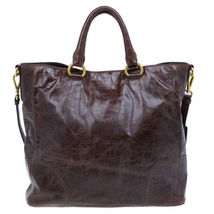 Pre Owned Prada Brown Vitello Shine Tote