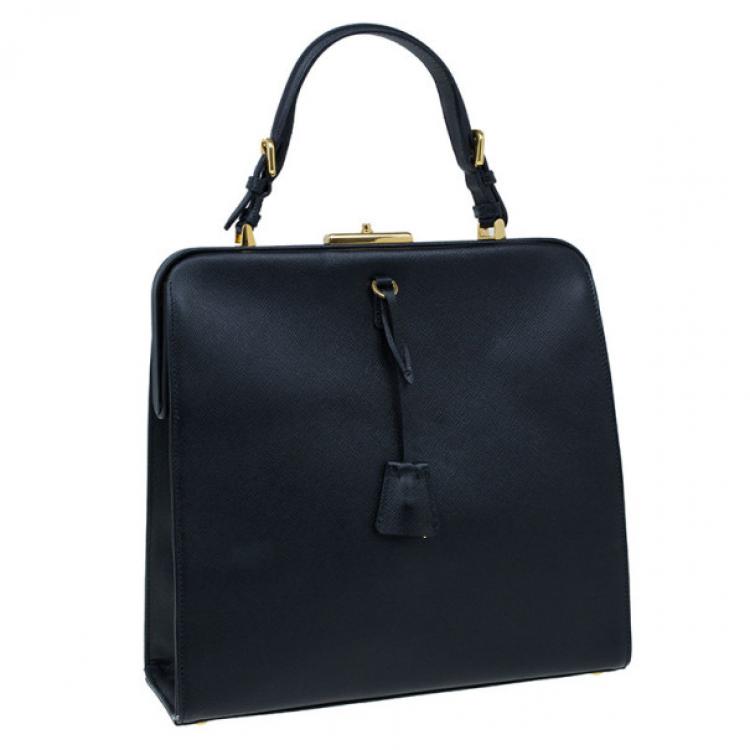 Pre Owned Prada Black Saffiano Leather Framed Top Handle Tote